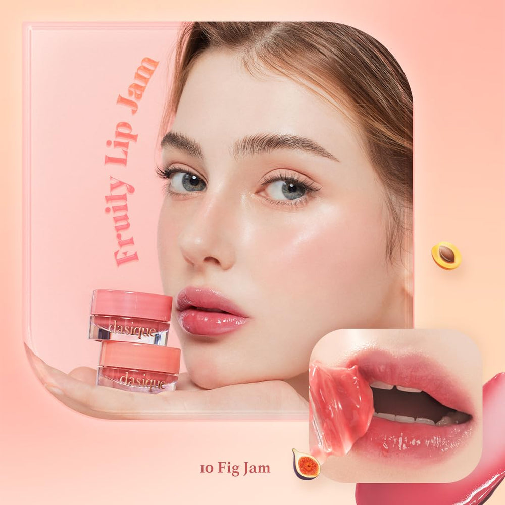 dasique Fruity Lip Jam layered-coats image suggests enhanced fullness with a light sheen.