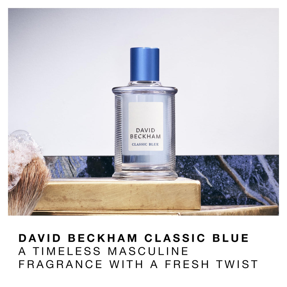 David Beckham Classic Blue bottle resting on surface for evening wear.