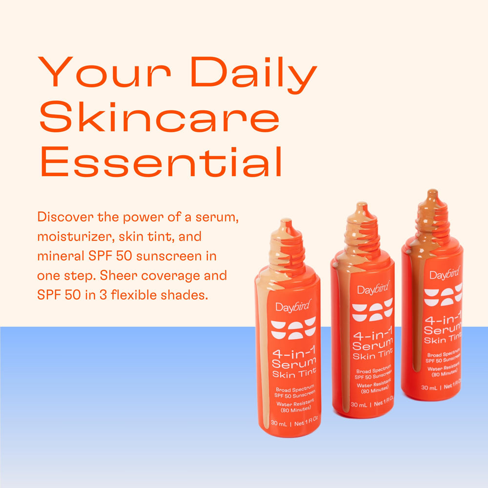 Daybird SPF 50 mineral sunscreen application showing sheer coverage.