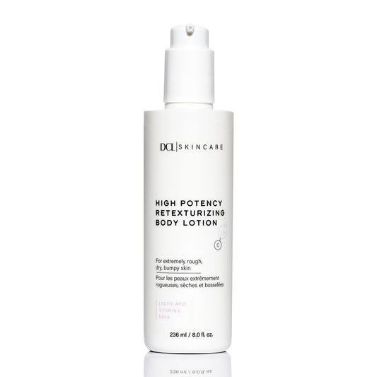 DCL Skincare high potency retexturizing body lotion bottle showing product focus and texture potential benefits