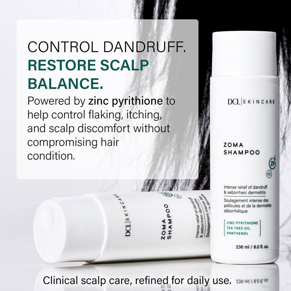 DCL Zoma shampoo back label highlighting zinc pyrithione for dandruff control.