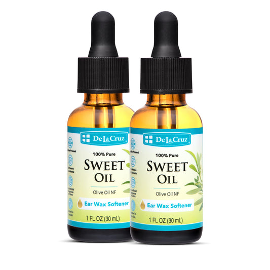 De La Cruz ear wax remover bottle shown for gentle at-home ear care.