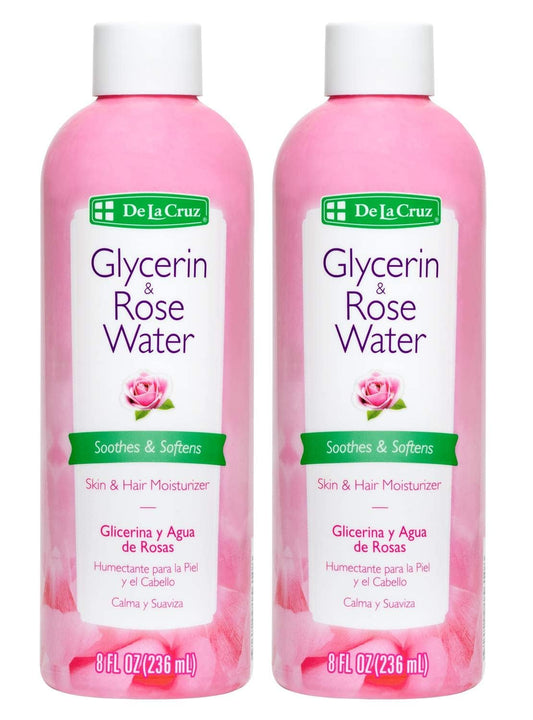 De La Cruz Rose Water and Glycerin bottle front view for skin hydration.