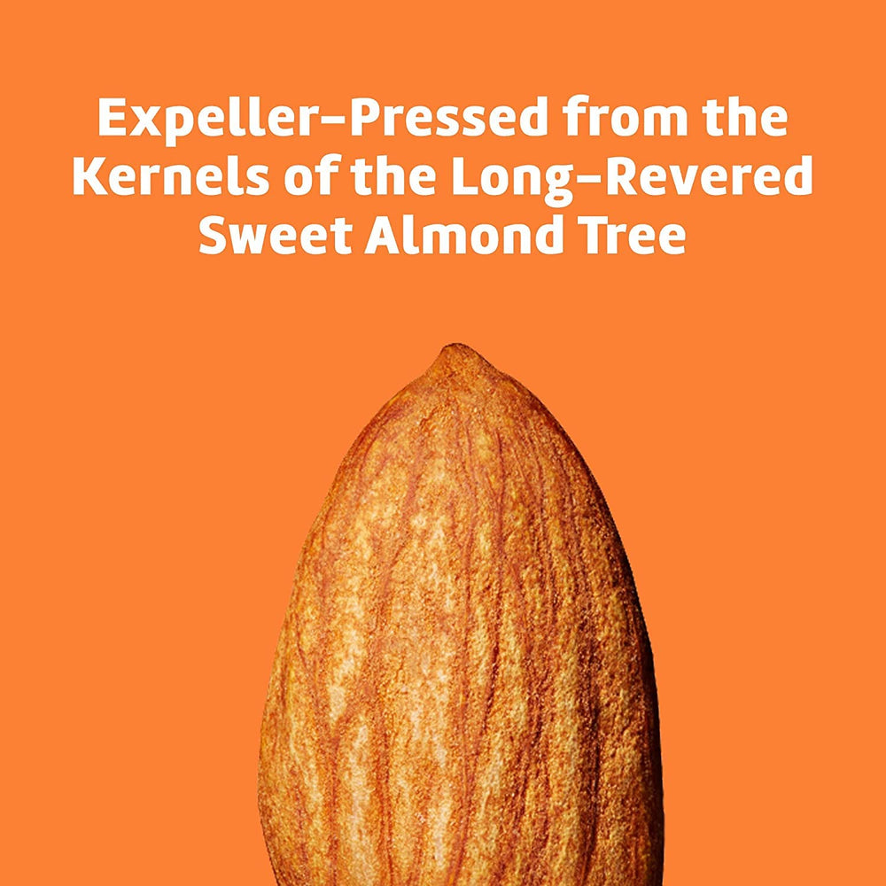 De La Cruz Sweet Almond Oil ingredient panel highlights hexane-free formula.