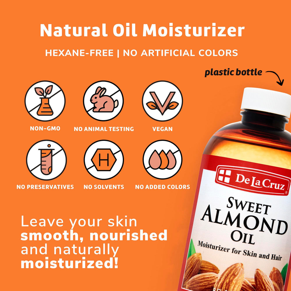 De La Cruz Sweet Almond Oil skin application with gentle moisturization.