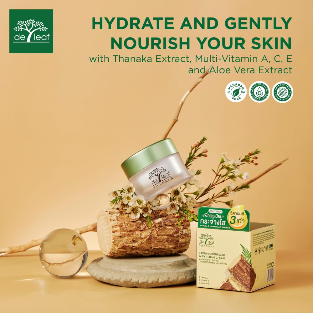 DE LEAF THANAKA cream jar highlights lightweight, non-greasy finish for daily use