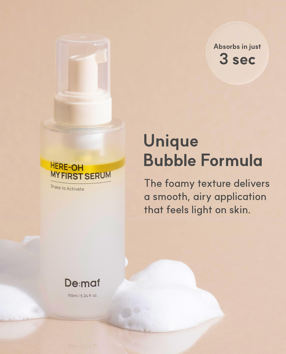 De:maf Here-Oh-My Serum foamy texture glides smoothly for balanced moisture.