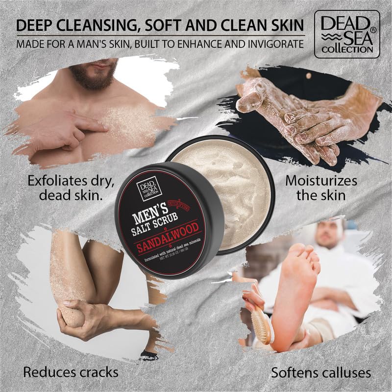 Masculine grooming scene featuring Dead Sea Collection body scrub