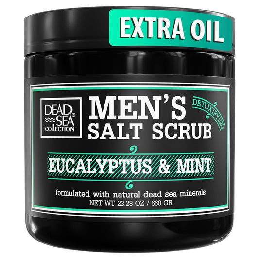 Dead Sea Collection eucalyptus mint scrub jar highlighting mineral-rich formula for smoother, hydrated skin.