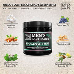 Men's body care scene with scrub applied for cleansing and detoxifying benefits.