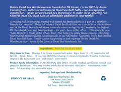 Dead Sea Warehouse soaking salts emphasize muscle relief after activity.