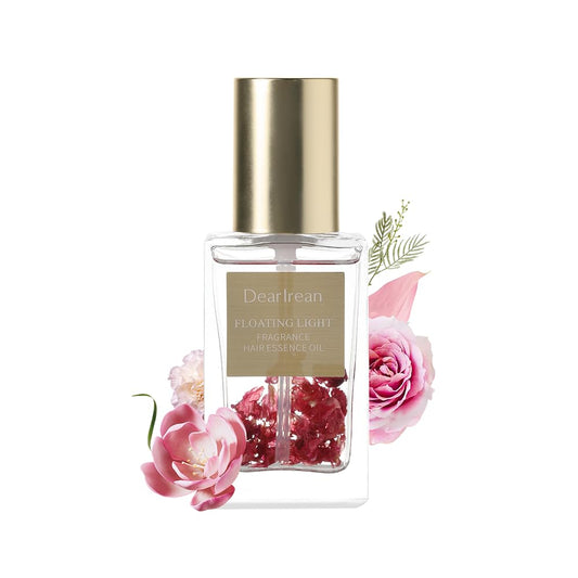 Dear Irean hair perfume oil rose bottle closeup for lasting fragrance.