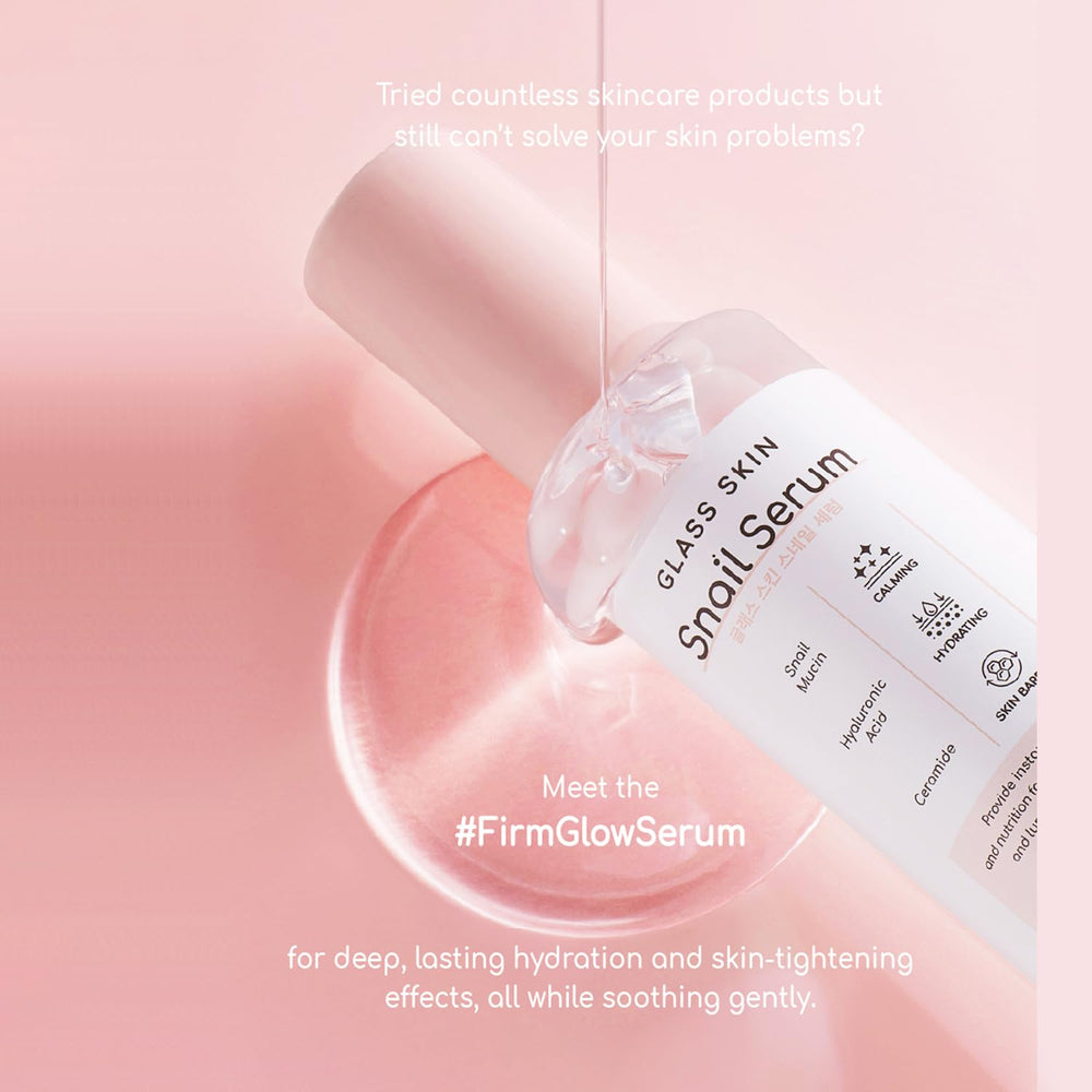 DEARBOO Glass Skin Snail Serum texture swirl highlights silky, fast-absorbing feel.