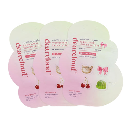 Dearcloud hydrocolloid patches with kitten-face design conceal blemishes while shielding skin.