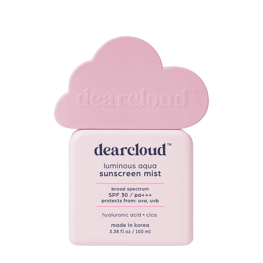 Dearcloud Luminous Aqua Sun Mist spray bottle for even, refreshing protection