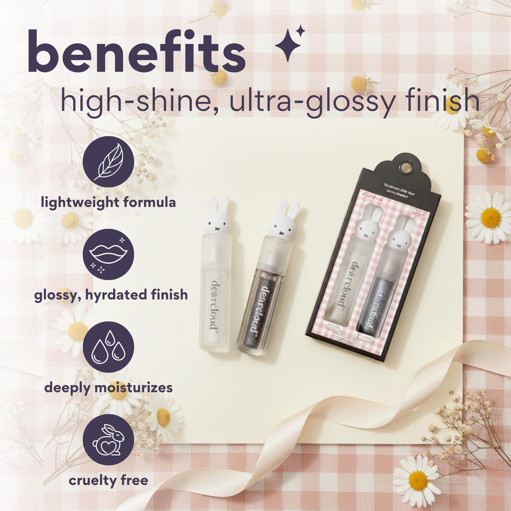 Dearcloud Miffy lip gloss on lips with radiant shine and smooth texture.