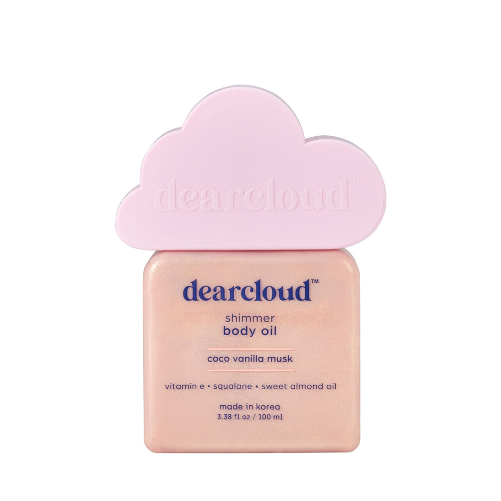 Dearcloud Shimmer Body Oil bottle reveals Coco Vanilla Musk glow and deep hydration.
