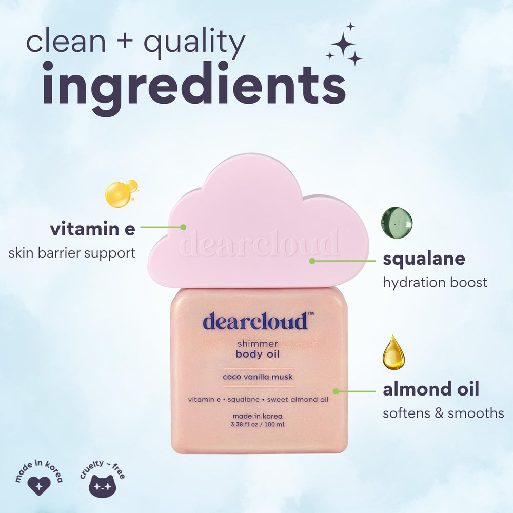 Dearcloud Shimmer Body Oil pour demonstrates quick absorption without a greasy feel.