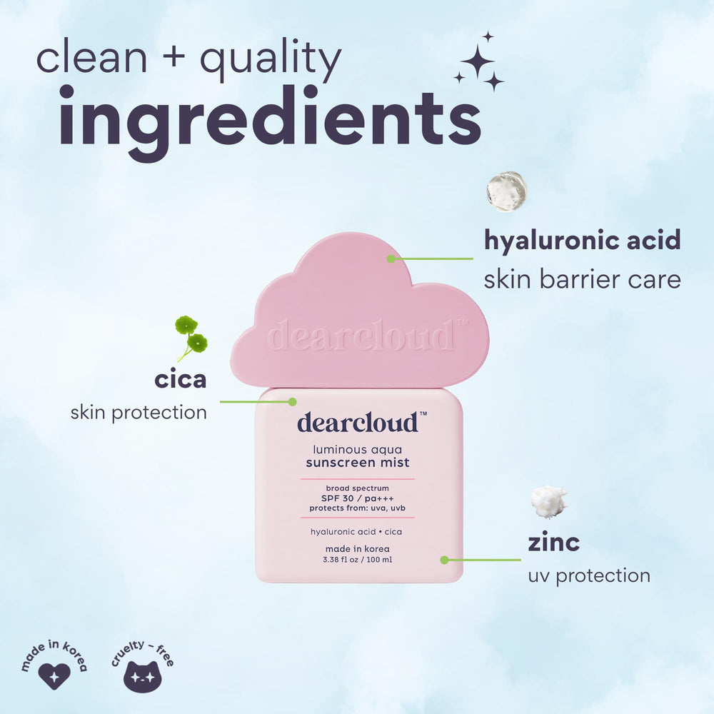 Dearcloud SPF 30 sun mist in hand for quick on-the-go touch-ups
