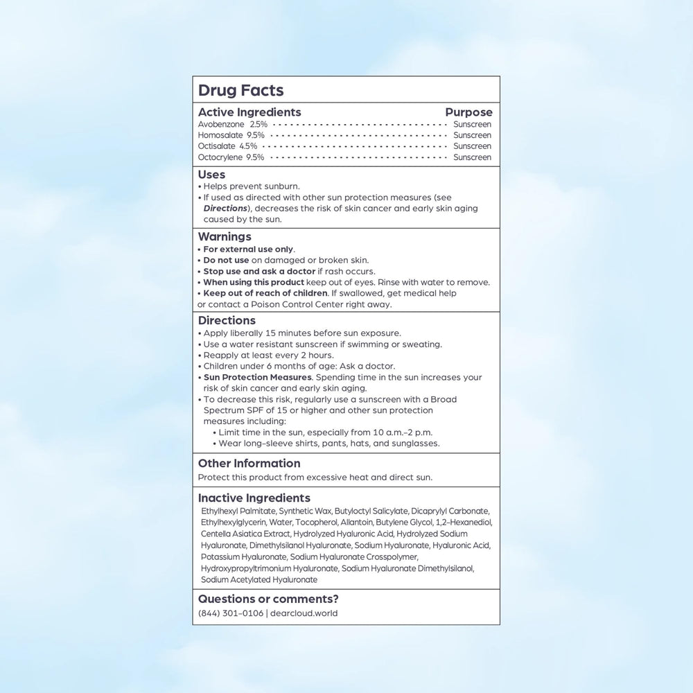 dearcloud Sunny Defense Sunscreen Stick hydrating formula with hyaluronic acid.