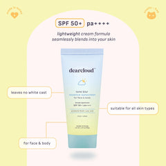 Close-up of Dearcloud SPF 50+ PA++++ sunscreen with translucent, sheer finish