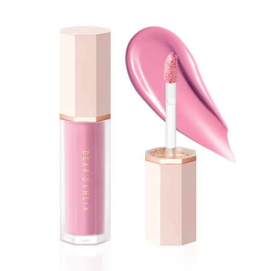 Dear Dahlia Petal Drop Blush in Taffy swatch on cheek for a dewy flush.