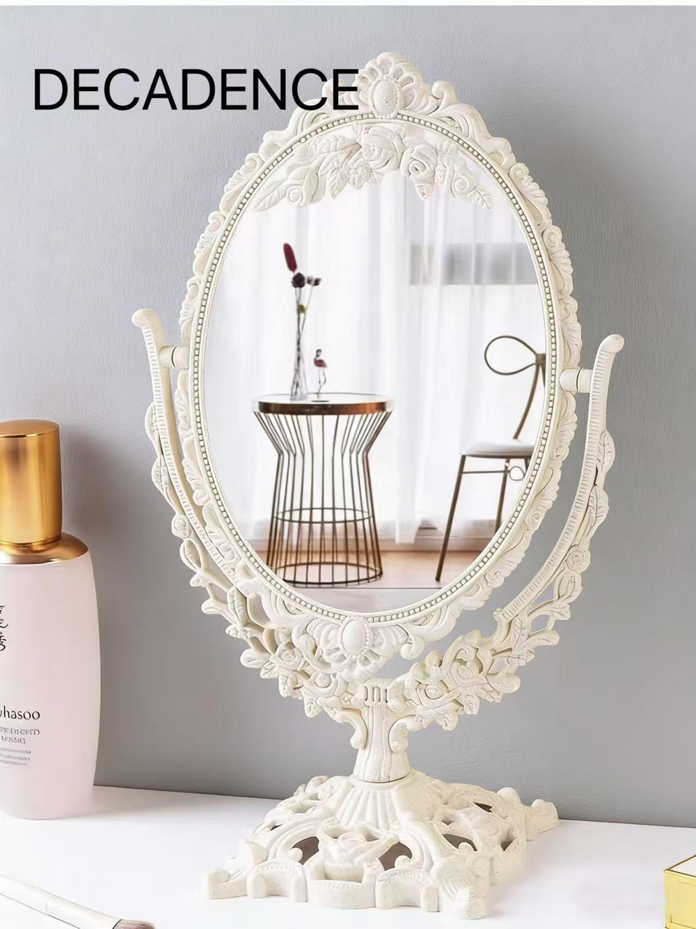 DECADENCE vintage carved vanity mirror highlights ornate carvings for stylish makeup routines.