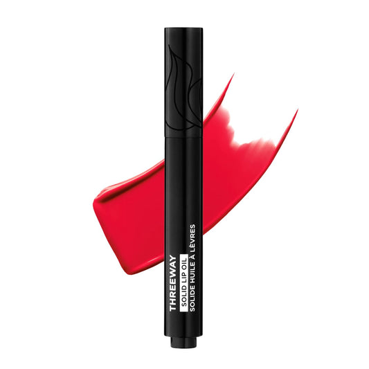 Deck of Scarlet Threeway Lip Oil Coral Rose tube shows glossy hydration