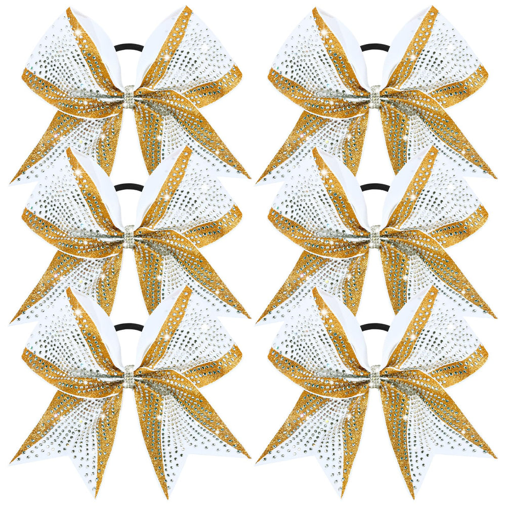 DEEKA 8inch glitter gold and white cheer bow shines from every angle for bold routines.