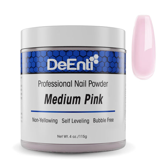 DeEnti acrylic nail powder medium pink bottle close-up highlighting premium formula for overlays