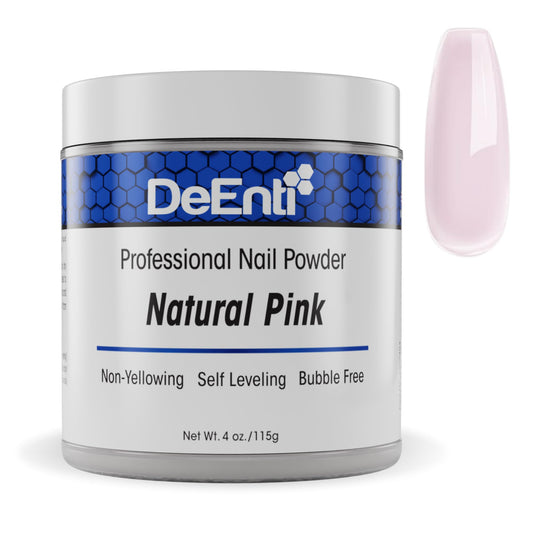 DeEnti acrylic powder in natural pink bottle for bubble-free overlays.