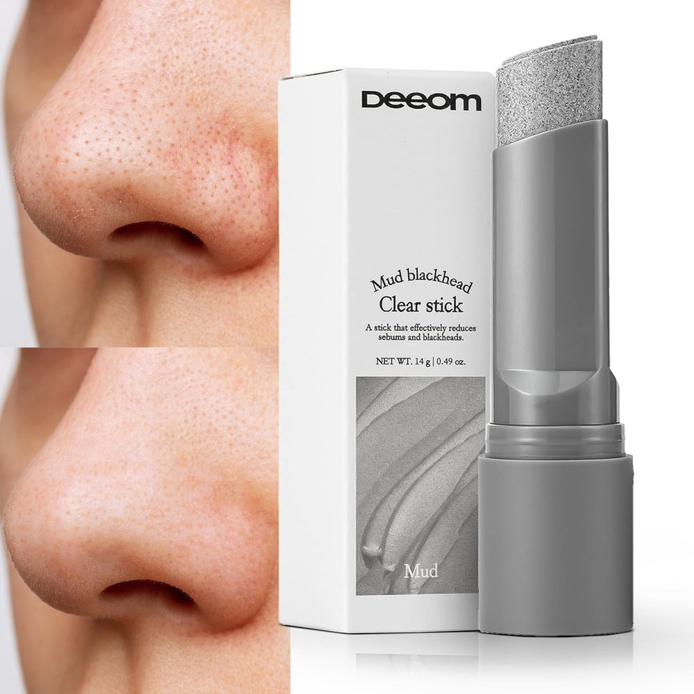 DEEOM Blackhead Remover Stick charcoal close-up highlights pore-purifying effect on pores.