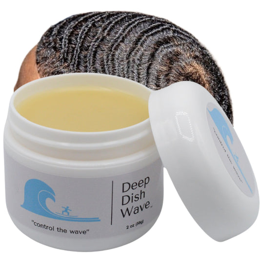 Deep Dish Wave Pomade bottle displaying natural formula for defined 360 waves