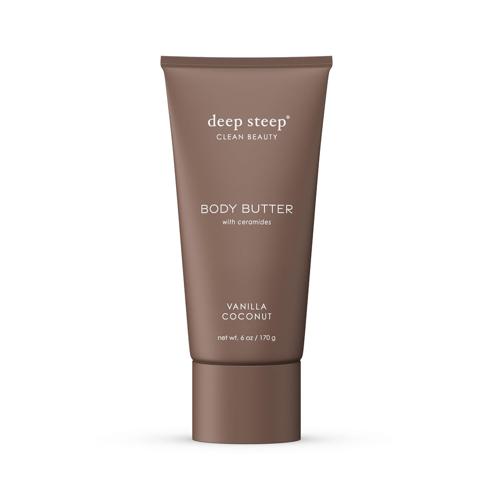 Deep Steep Body Butter Vanilla Coconut jar close-up shows rich, creamy texture for smooth skin