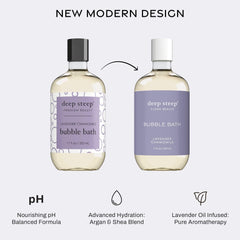Deep Steep Bubble Bath Lavender Chamomile label highlights sulfate-free, gentle care.