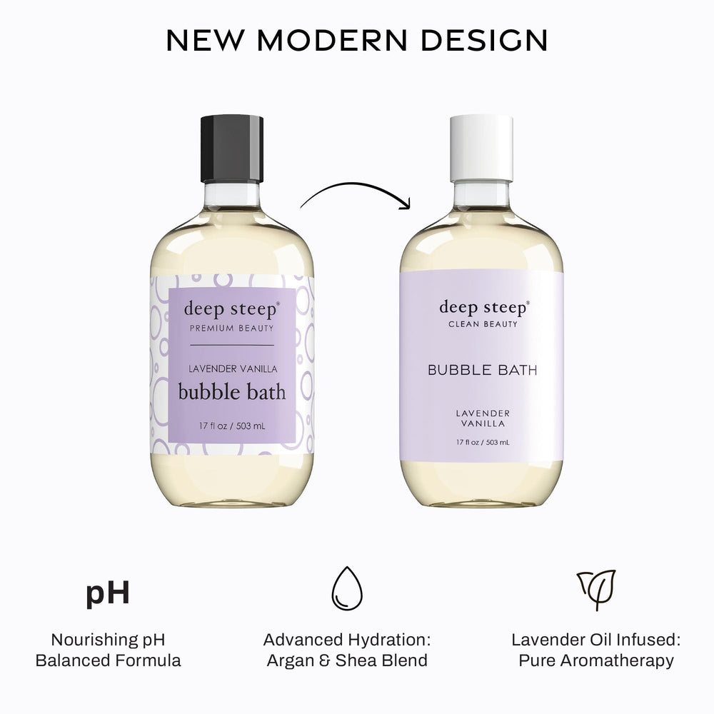 Deep Steep Lavender Vanilla bath foam in a calm tub scene