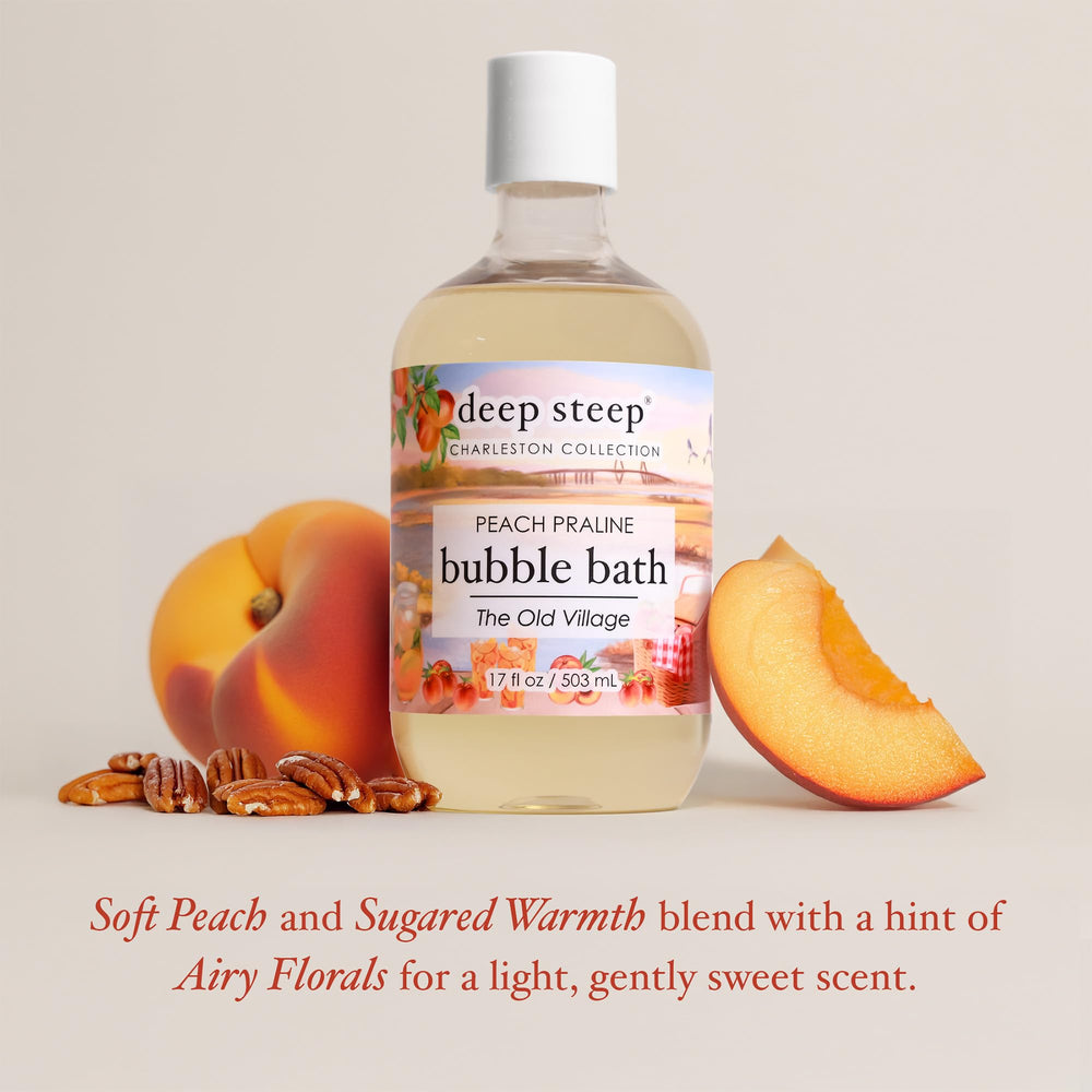 Pouring Deep Steep Peach Praline bubble bath showing mild, skin-friendly formula.