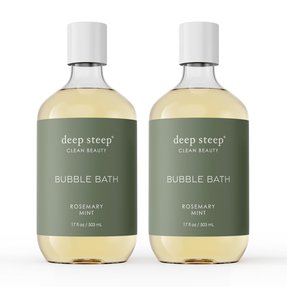 Deep Steep Bubble Bath Rosemary Mint bottle highlighting soothing formula for sensitive skin.