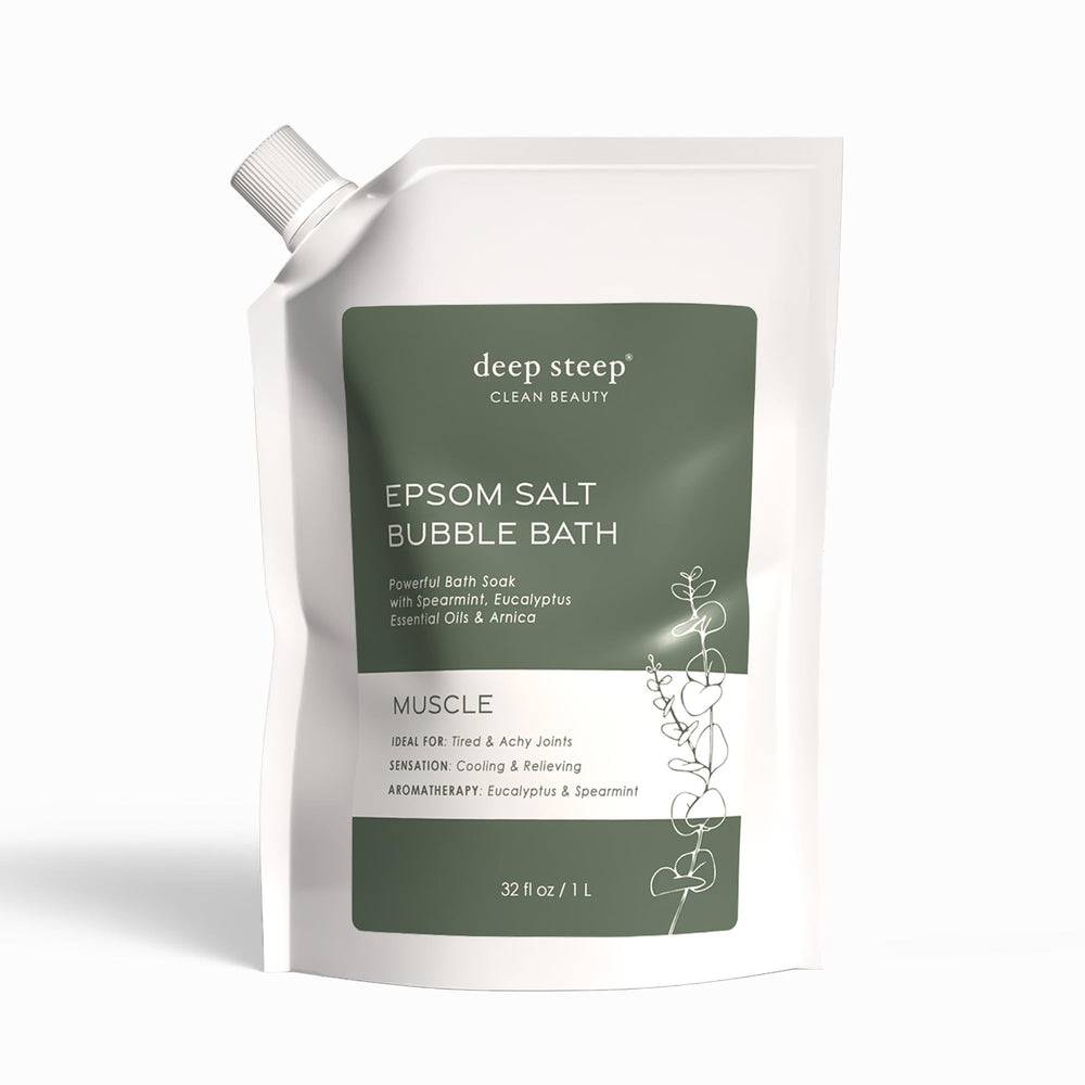 Deep Steep Epsom Salt Bubble Bath bottle pouring for soothing relaxation.