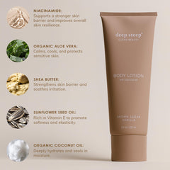 Deep Steep Fig Apricot lotion packaging with natural ingredient imagery.