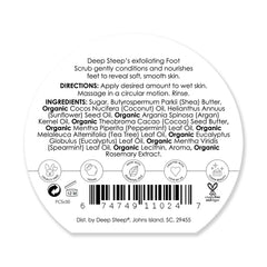 Deep Steep scrub close-up highlights peppermint oil and shea butter for nourishing skin.