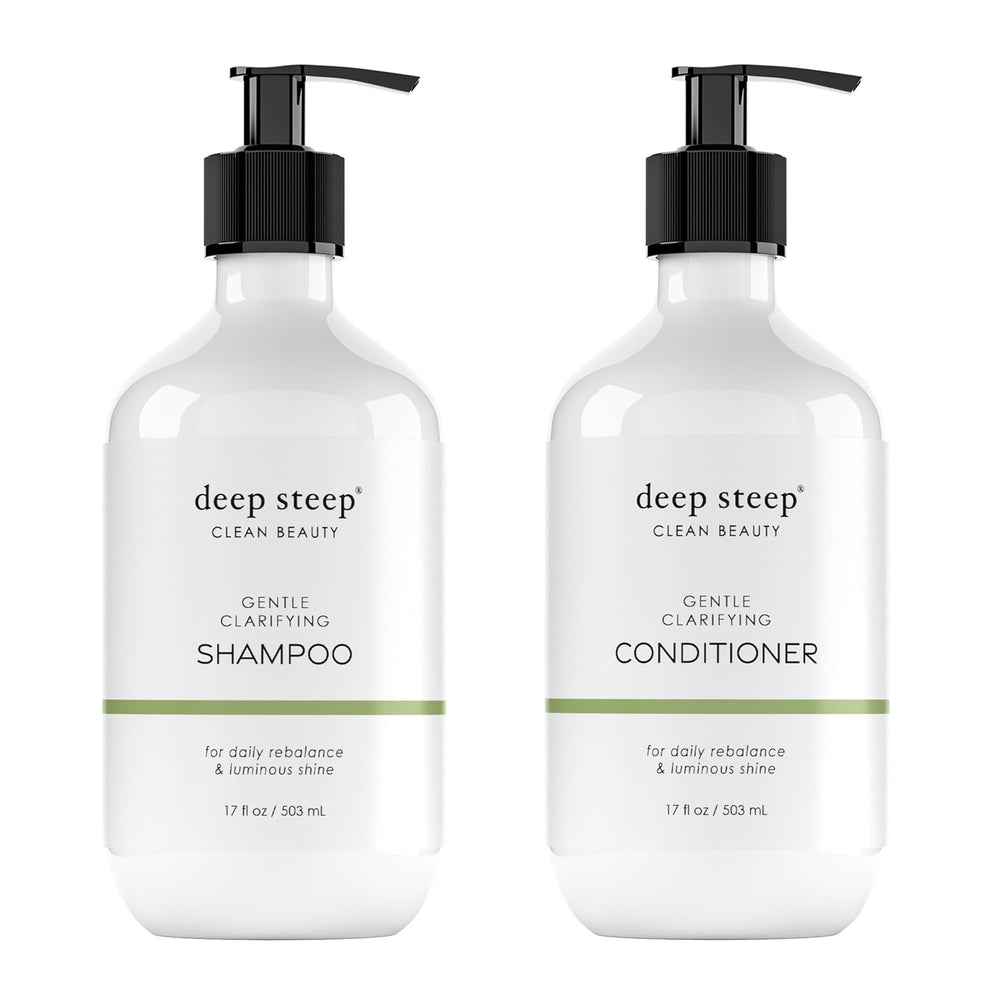 Deep Steep Gentle Clarifying Shampoo bottle front — refreshing cleanse for daily buildup.