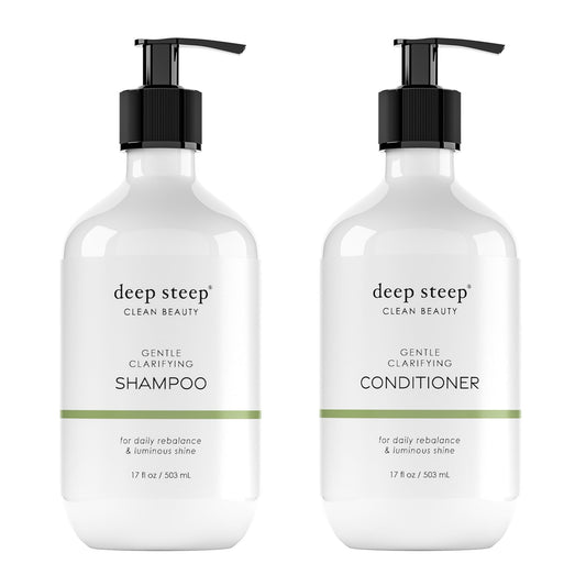 Deep Steep Gentle Clarifying Shampoo bottle front — refreshing cleanse for daily buildup.