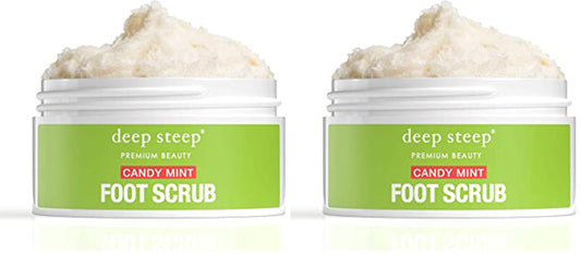 Deep Steep Foot Scrub jar showcases minty formula for refreshed, soft feet.