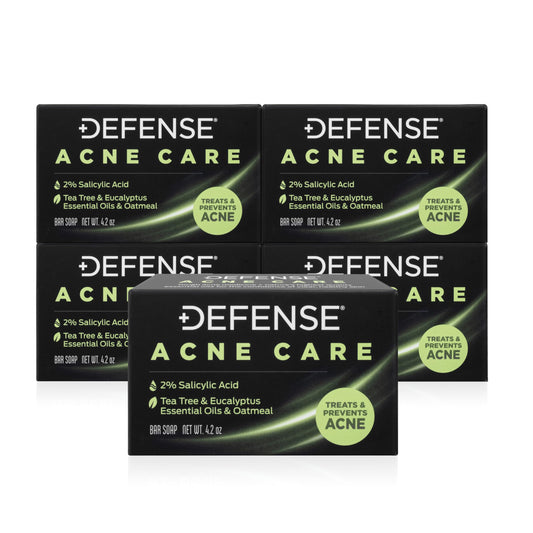 Defense Acne Care Bar front view with pack of five for daily cleansing.