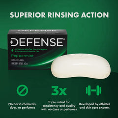 Defense Soap peppermint bar closeup highlights natural oils and ingredients