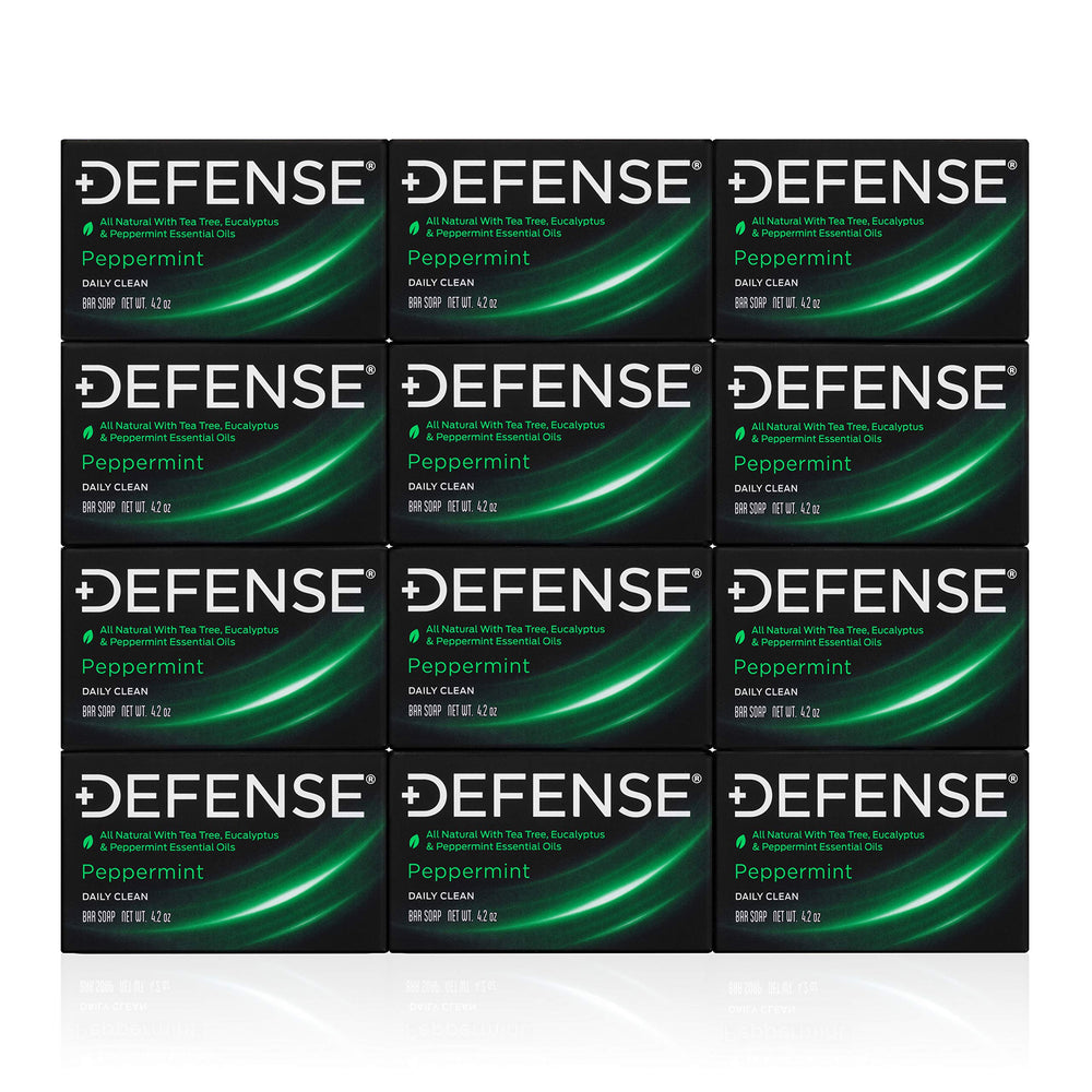 Defense Soap peppermint bar pack showing the all-natural formula for fresh skin