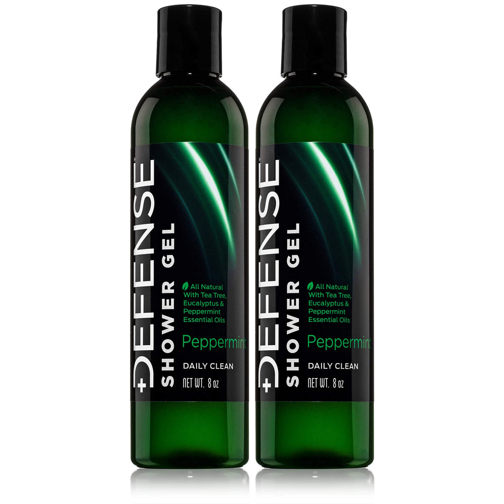 Defense Soap Peppermint Tea Tree Body Wash bottle front, natural cleanse ingredients visible