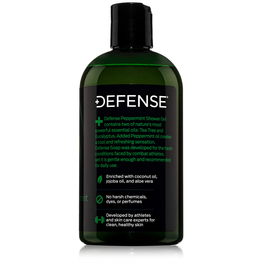 Defense Soap Peppermint Tea Tree Body Wash ingredients label featuring essential oils.