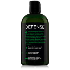 Defense Soap Peppermint Tea Tree Body Wash ingredients label featuring essential oils.